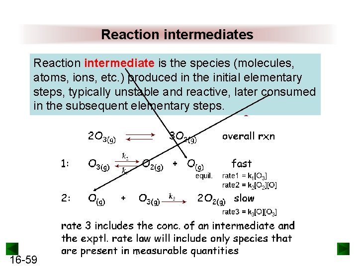 Reaction intermediates Reaction intermediate is the species (molecules, atoms, ions, etc. ) produced in