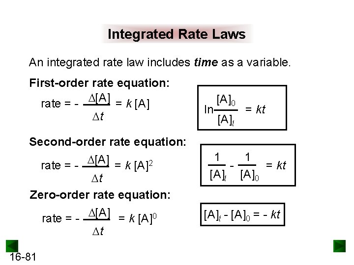 Integrated Rate Laws An integrated rate law includes time as a variable. First-order rate
