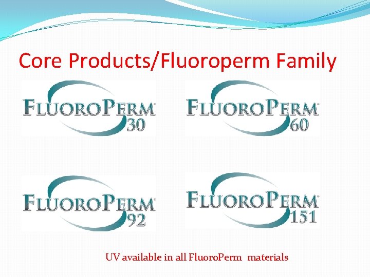 Core Products/Fluoroperm Family UV available in all Fluoro. Perm materials 