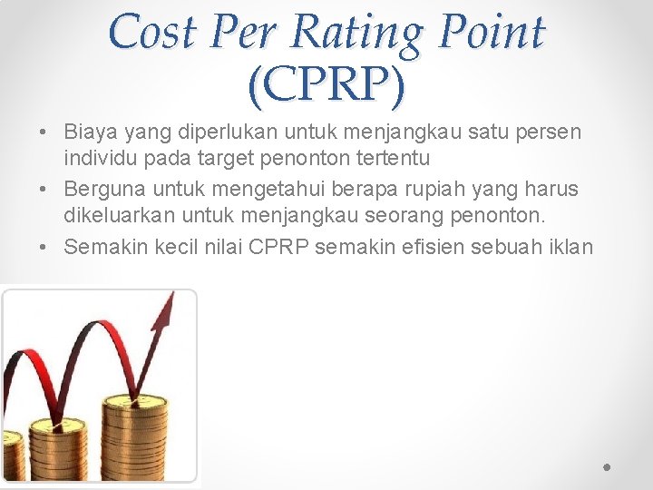 Cost Per Rating Point (CPRP) • Biaya yang diperlukan untuk menjangkau satu persen individu