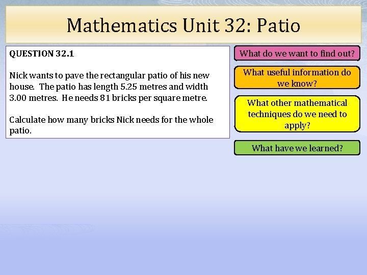 Mathematics Unit 32: Patio QUESTION 32. 1 Nick wants to pave the rectangular patio