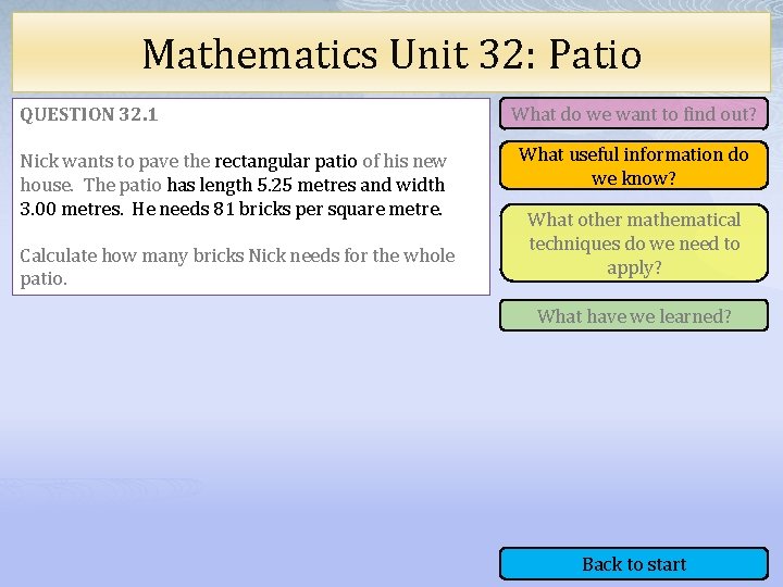 Mathematics Unit 32: Patio QUESTION 32. 1 Nick wants to pave the rectangular patio