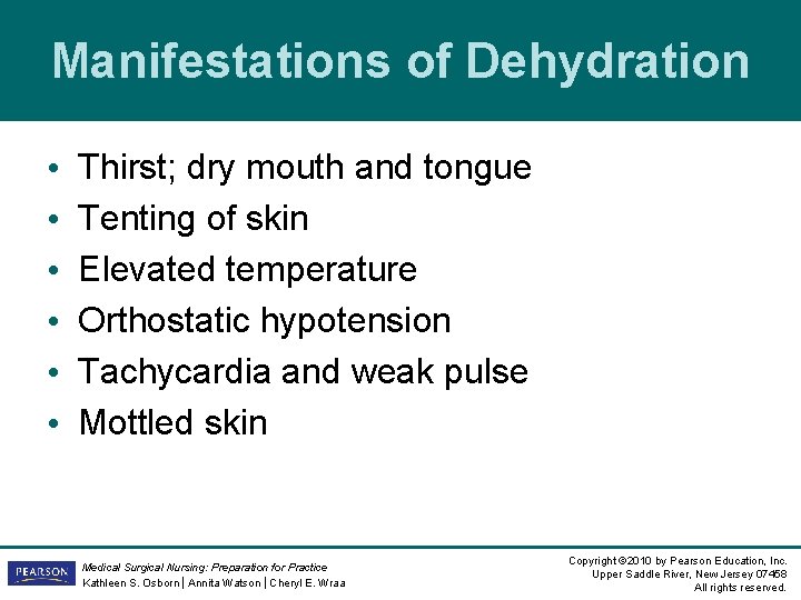 Manifestations of Dehydration • • • Thirst; dry mouth and tongue Tenting of skin Manifestations of Dehydration • • • Thirst; dry mouth and tongue Tenting of skin