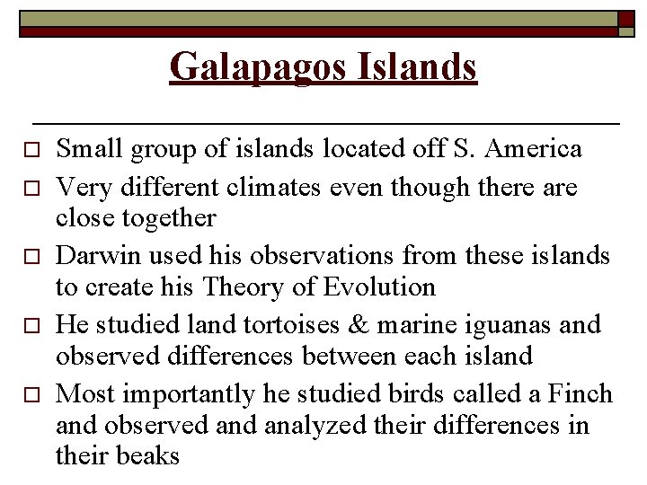 Galapagos Islands o o o Small group of islands located off S. America Very