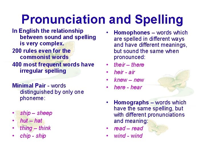 Pronunciation and Spelling In English the relationship between sound and spelling is very complex. Pronunciation and Spelling In English the relationship between sound and spelling is very complex.