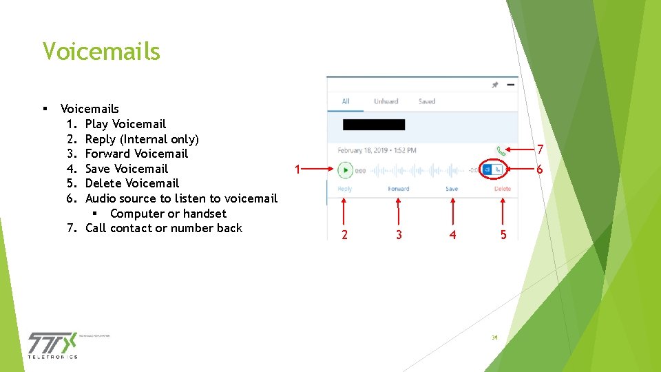 Voicemails § Voicemails 1. Play Voicemail 2. Reply (Internal only) 3. Forward Voicemail 4.