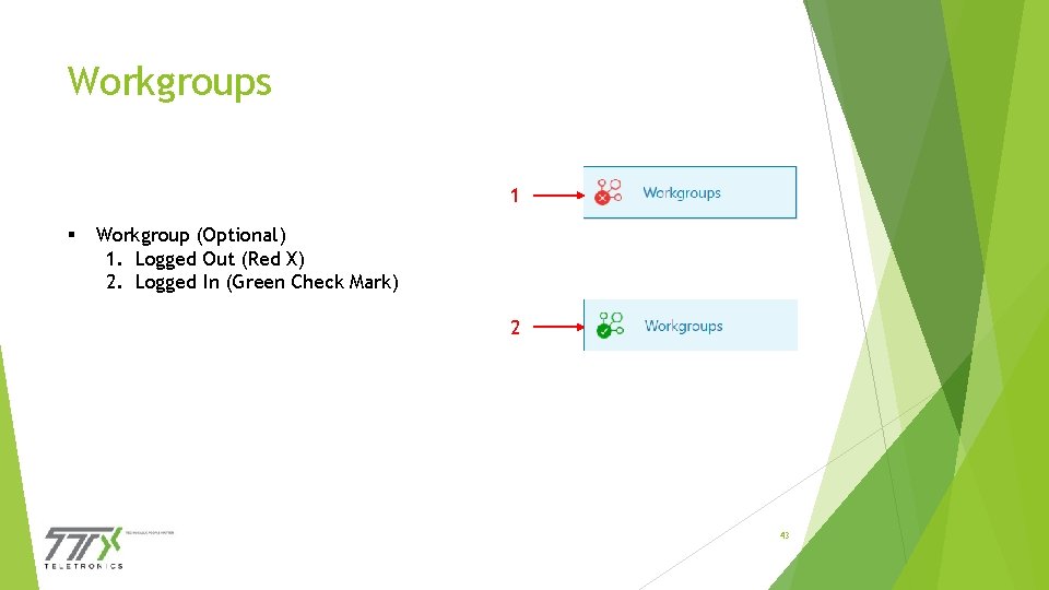 Workgroups 1 § Workgroup (Optional) 1. Logged Out (Red X) 2. Logged In (Green