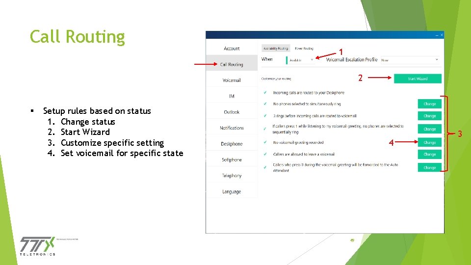 Call Routing 1 2 § Setup rules based on status 1. Change status 2.