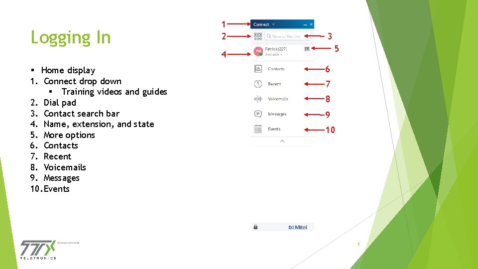 Logging In 1 2 3 5 4 § Home display 1. Connect drop down