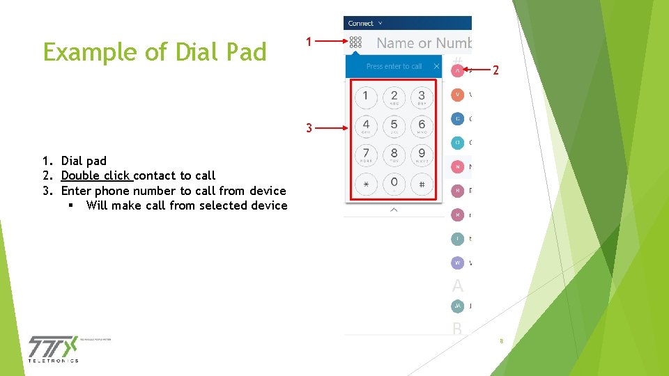 Example of Dial Pad 1 2 3 1. Dial pad 2. Double click contact