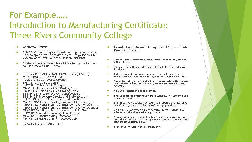 For Example…. . Introduction to Manufacturing Certificate: Three Rivers Community College Certificate Program This