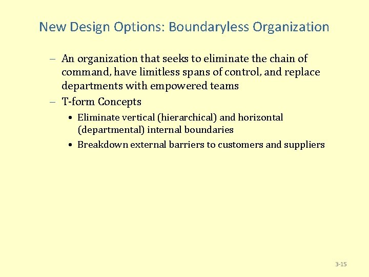 New Design Options: Boundaryless Organization – An organization that seeks to eliminate the chain