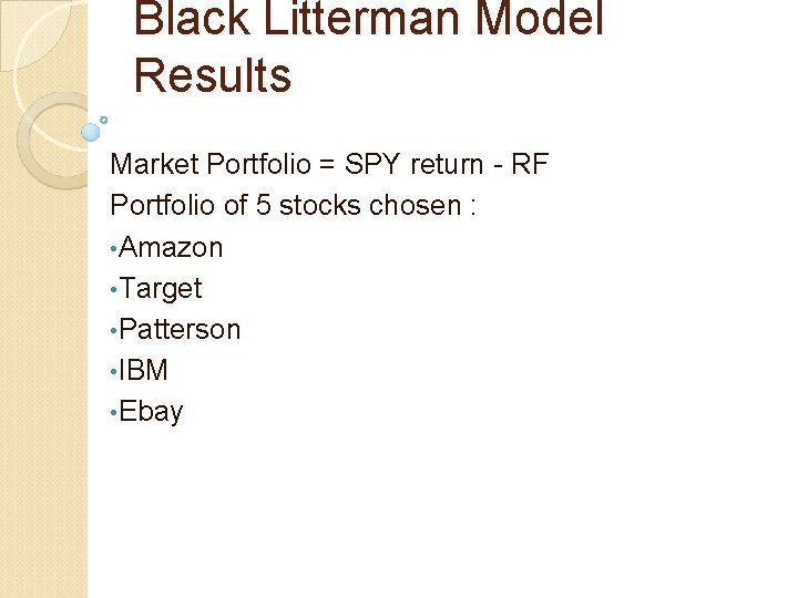 Black Litterman Model Results Market Portfolio = SPY return - RF Portfolio of 5