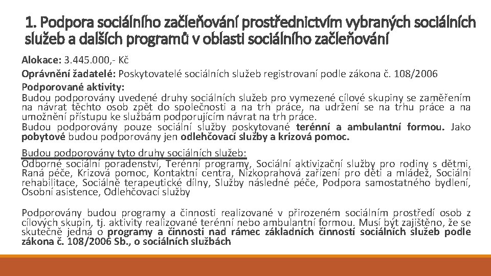 1. Podpora sociálního začleňování prostřednictvím vybraných sociálních služeb a dalších programů v oblasti sociálního