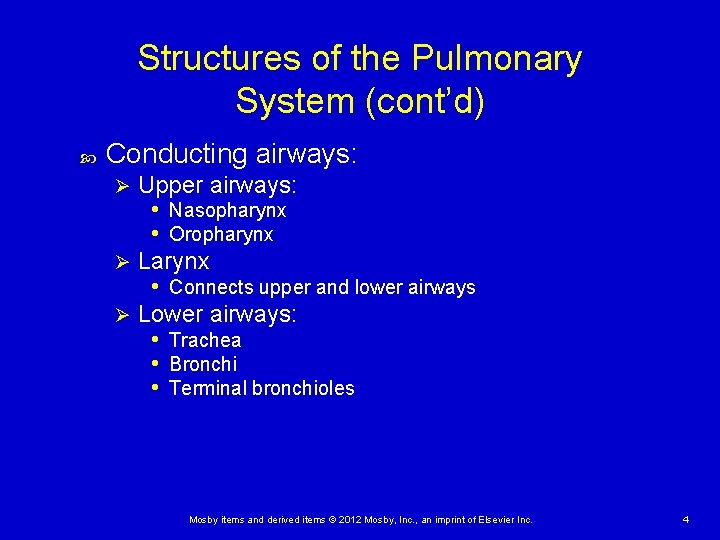 Structures of the Pulmonary System (cont’d) Conducting airways: Upper airways: • Nasopharynx • Oropharynx