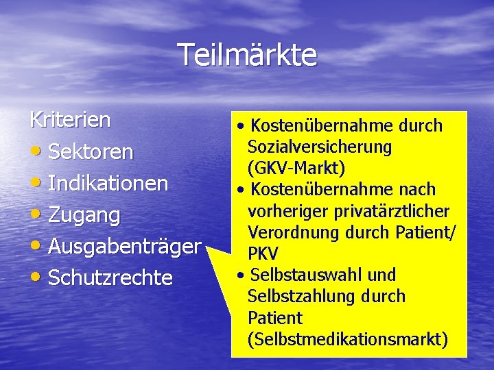 Teilmärkte Kriterien • Sektoren • Indikationen • Zugang • Ausgabenträger • Schutzrechte • Kostenübernahme