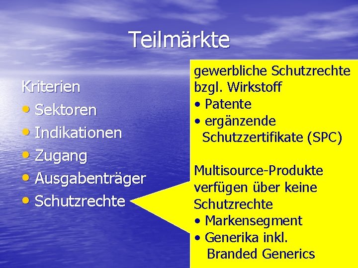 Teilmärkte Kriterien • Sektoren • Indikationen • Zugang • Ausgabenträger • Schutzrechte gewerbliche Schutzrechte