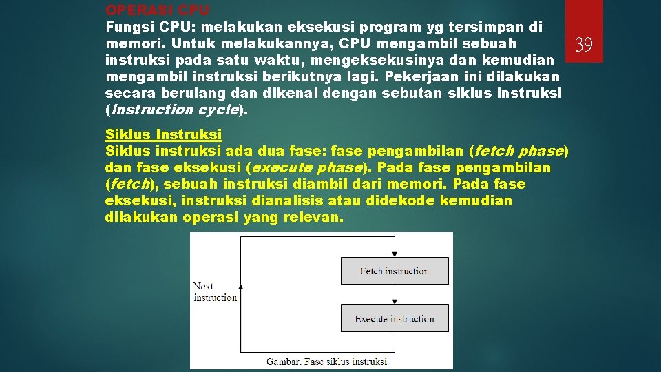 OPERASI CPU Fungsi CPU: melakukan eksekusi program yg tersimpan di memori. Untuk melakukannya, CPU