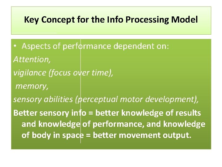 Key Concept for the Info Processing Model • Aspects of performance dependent on: Attention,