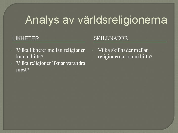 Analys av världsreligionerna LIKHETER Vilka likheter mellan religioner kan ni hitta? Vilka religioner liknar