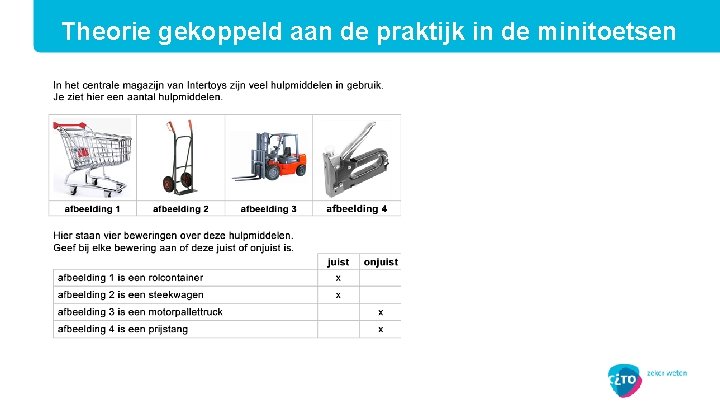 Theorie gekoppeld aan de praktijk in de minitoetsen 