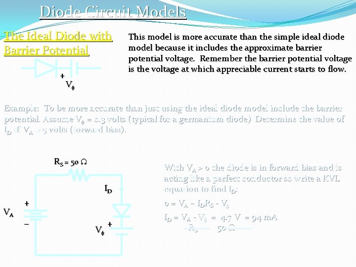 Diode Circuit Models The Ideal Diode with Barrier Potential + This model is more