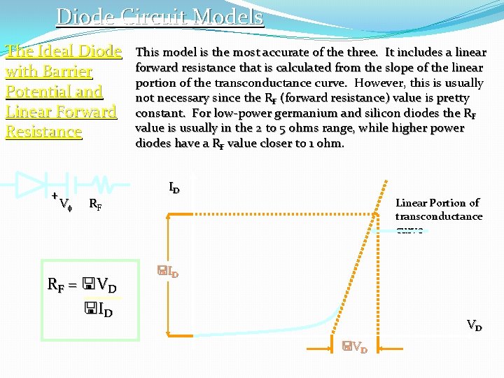 Diode Circuit Models The Ideal Diode with Barrier Potential and Linear Forward Resistance +
