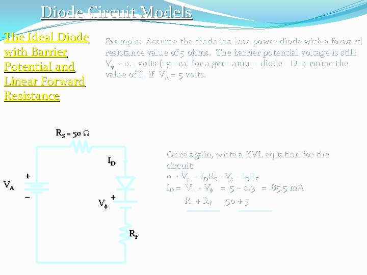 Diode Circuit Models The Ideal Diode with Barrier Potential and Linear Forward Resistance Example: