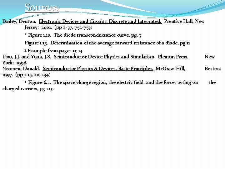 Sources Dailey, Denton. Electronic Devices and Circuits, Discrete and Integrated. Prentice Hall, New Jersey: