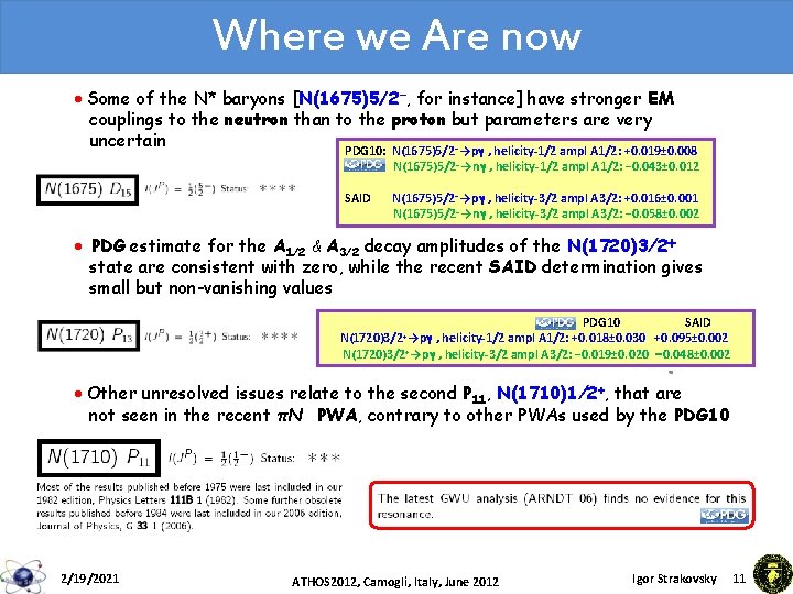 Where we Are now · Some of the N* baryons [N(1675)5/2−, for instance] have