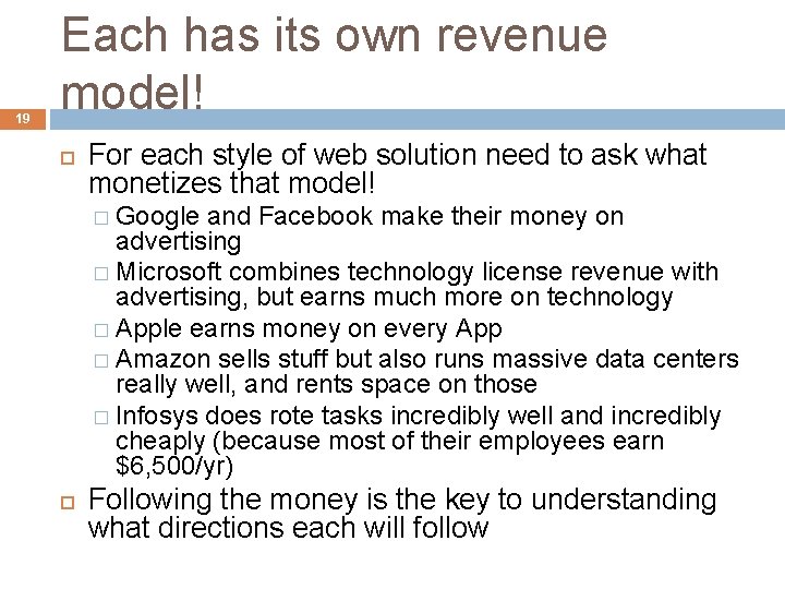 19 Each has its own revenue model! For each style of web solution need