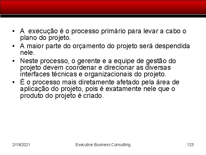  • A execução é o processo primário para levar a cabo o plano