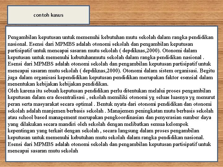contoh kasus Pengambilan keputusan untuk memenuhi kebutuhan mutu sekolah dalam rangka pendidikan nasional. Esensi contoh kasus Pengambilan keputusan untuk memenuhi kebutuhan mutu sekolah dalam rangka pendidikan nasional. Esensi