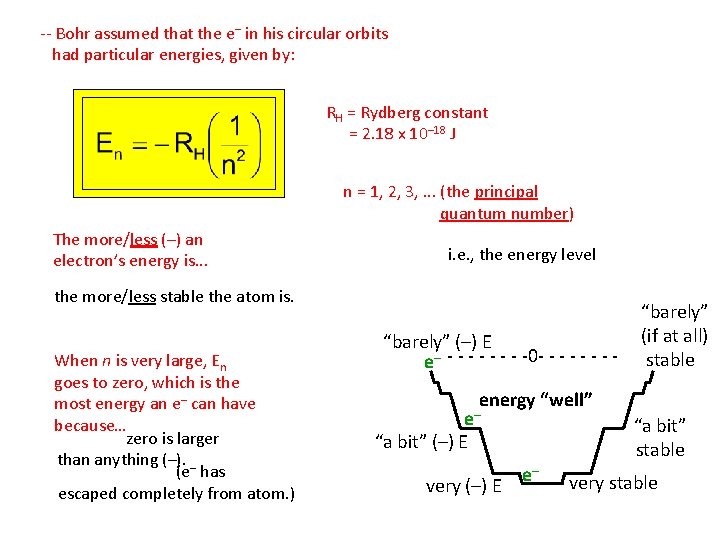 -- Bohr assumed that the e– in his circular orbits had particular energies, given