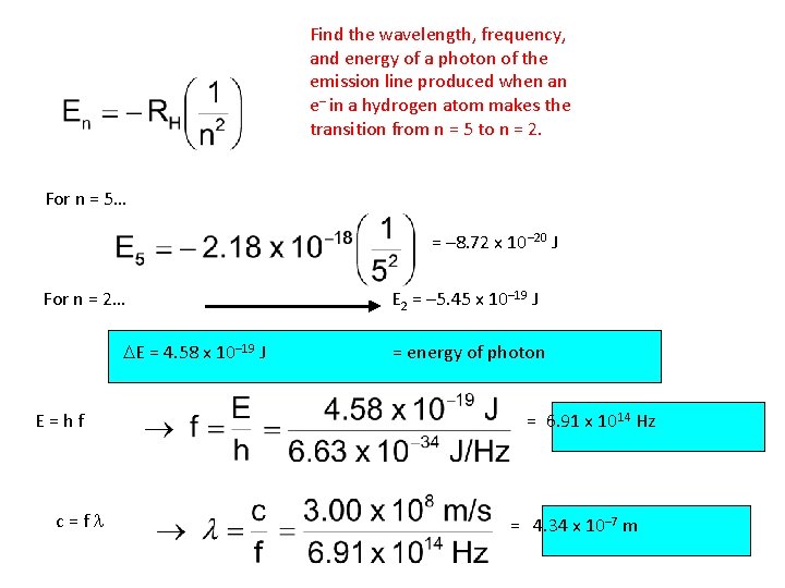 Find the wavelength, frequency, and energy of a photon of the emission line produced