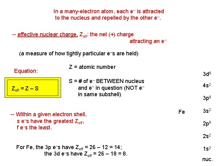 In a many-electron atom, each e– is attracted to the nucleus and repelled by