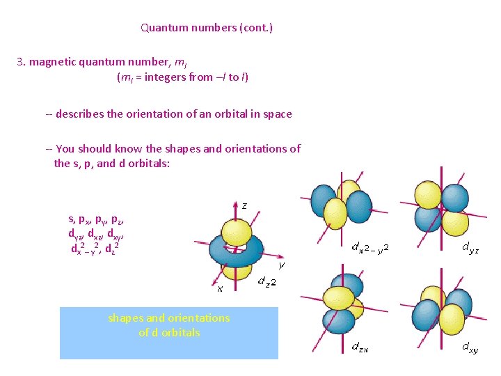 Quantum numbers (cont. ) 3. magnetic quantum number, ml (ml = integers from –l