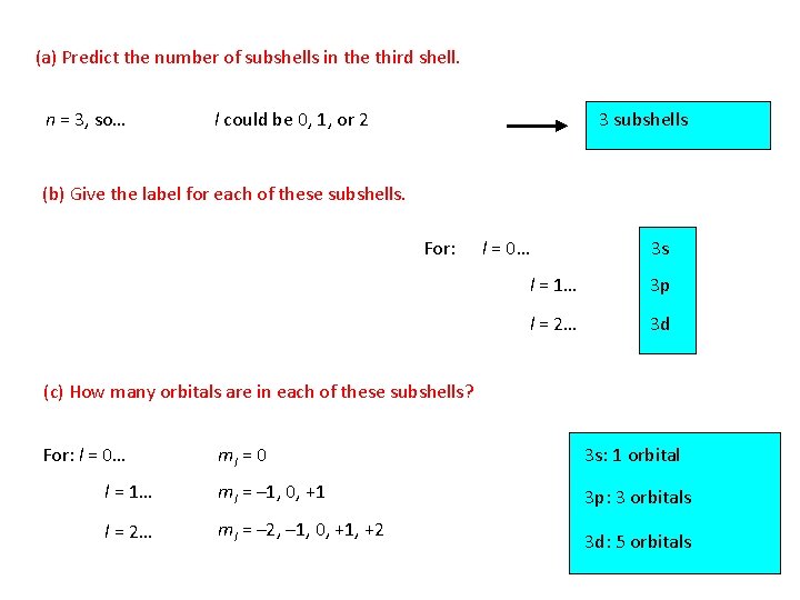 (a) Predict the number of subshells in the third shell. n = 3, so…