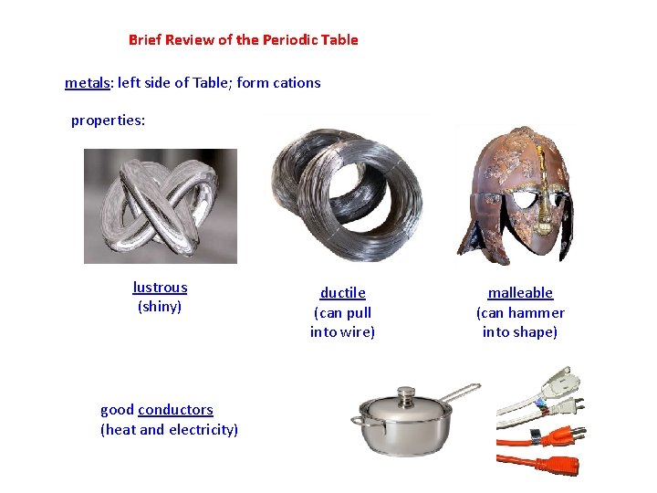 Brief Review of the Periodic Table metals: left side of Table; form cations properties: