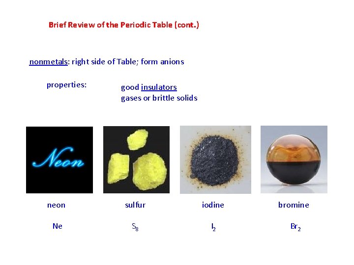 Brief Review of the Periodic Table (cont. ) nonmetals: right side of Table; form