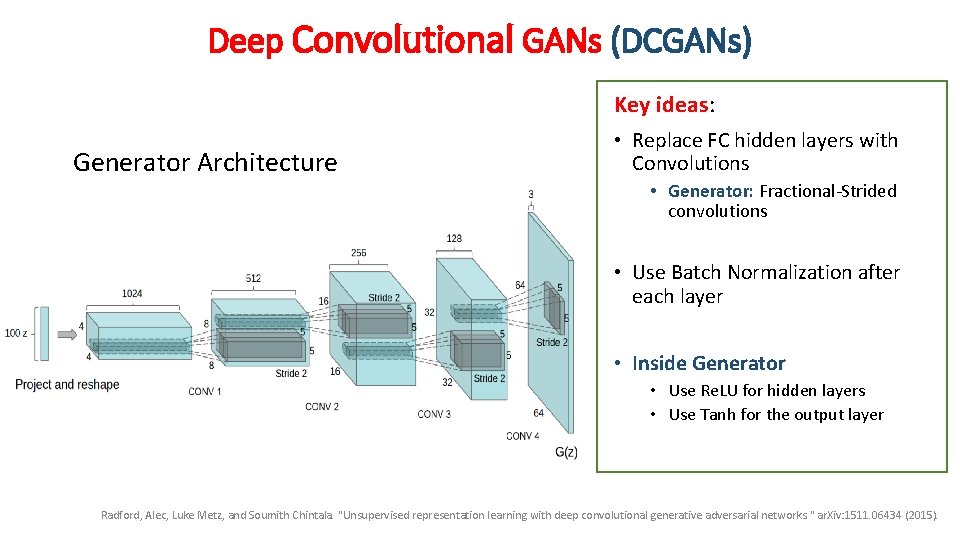 Deep Convolutional GANs (DCGANs) Key ideas: Generator Architecture • Replace FC hidden layers with