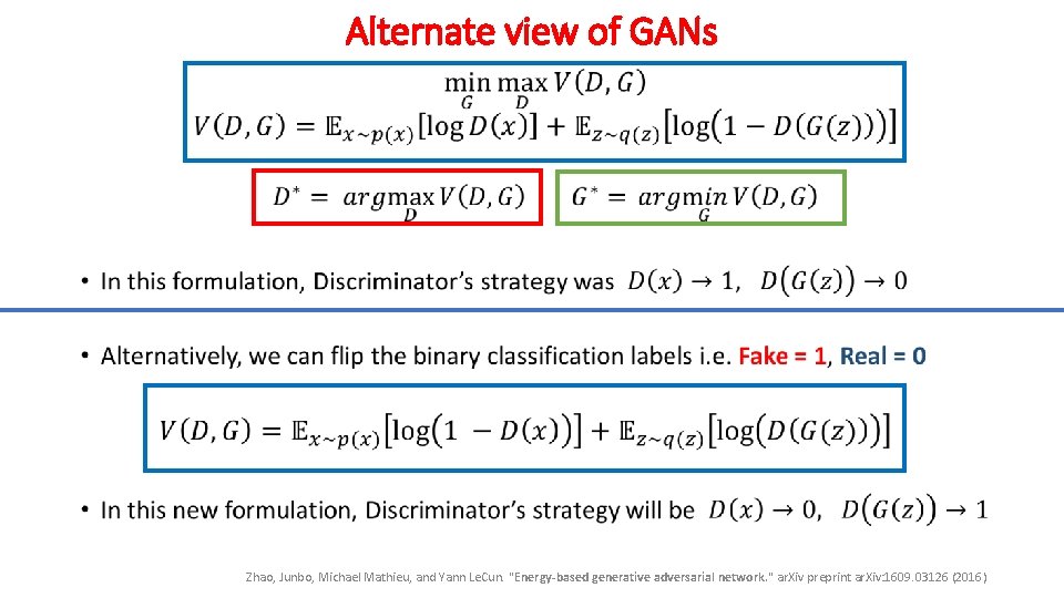 Alternate view of GANs • Zhao, Junbo, Michael Mathieu, and Yann Le. Cun. "Energy-based