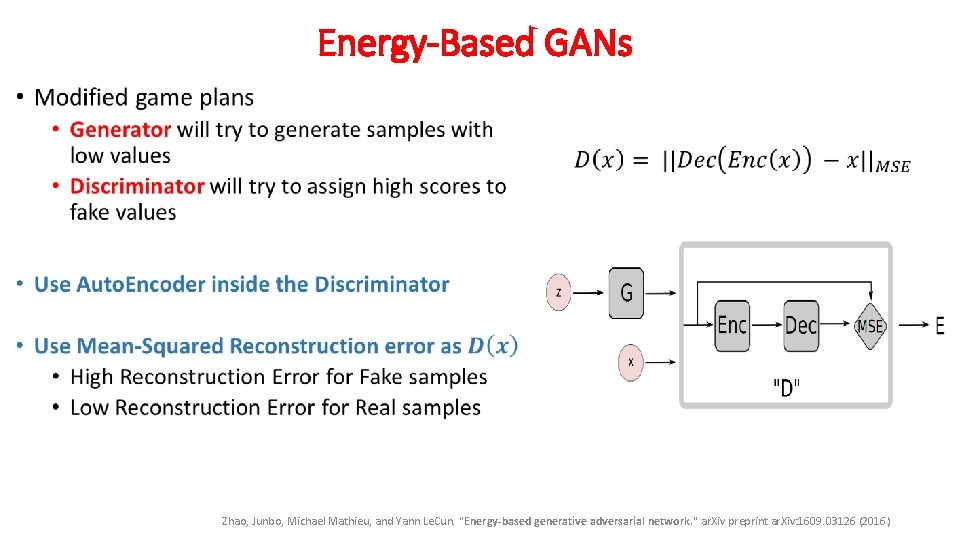 Energy-Based GANs • Zhao, Junbo, Michael Mathieu, and Yann Le. Cun. "Energy-based generative adversarial