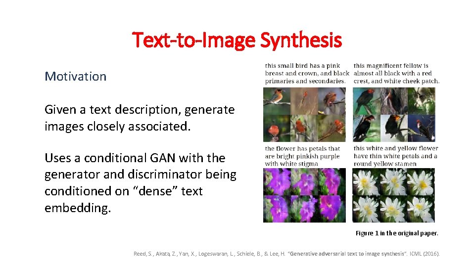 Text-to-Image Synthesis Motivation Given a text description, generate images closely associated. Uses a conditional