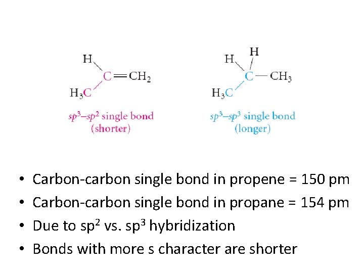 • • Carbon-carbon single bond in propene = 150 pm Carbon-carbon single bond • • Carbon-carbon single bond in propene = 150 pm Carbon-carbon single bond