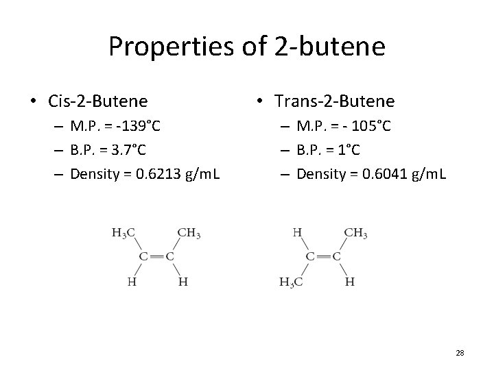 Properties of 2 -butene • Cis-2 -Butene – M. P. = -139°C – B. Properties of 2 -butene • Cis-2 -Butene – M. P. = -139°C – B.