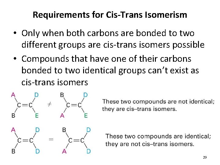 Requirements for Cis-Trans Isomerism • Only when both carbons are bonded to two different Requirements for Cis-Trans Isomerism • Only when both carbons are bonded to two different
