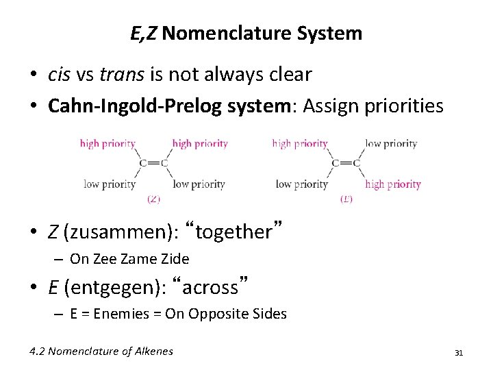 E, Z Nomenclature System • cis vs trans is not always clear • Cahn-Ingold-Prelog E, Z Nomenclature System • cis vs trans is not always clear • Cahn-Ingold-Prelog