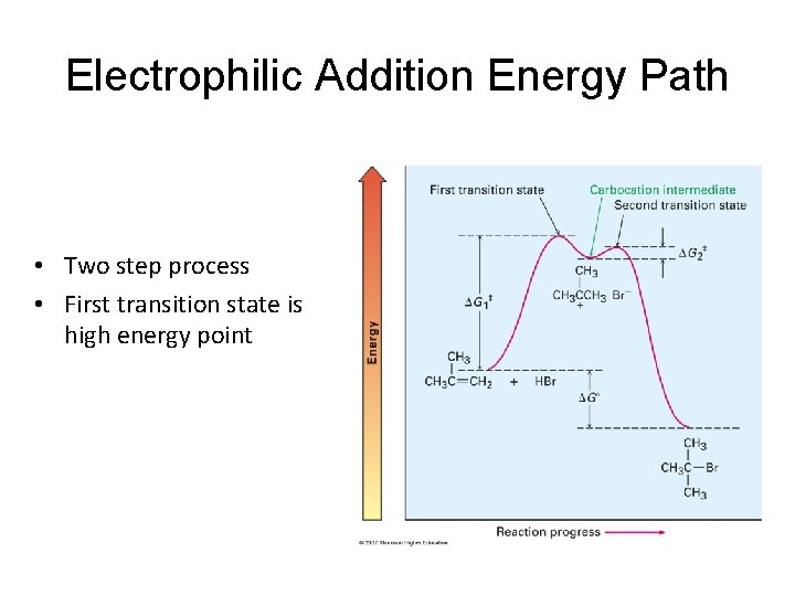 Electrophilic Addition Energy Path • Two step process • First transition state is high Electrophilic Addition Energy Path • Two step process • First transition state is high