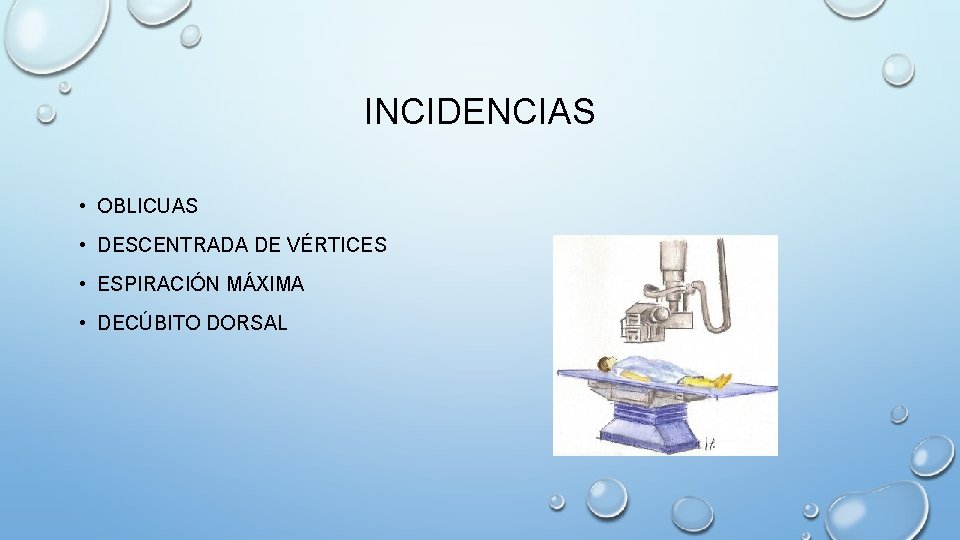 INCIDENCIAS • OBLICUAS • DESCENTRADA DE VÉRTICES • ESPIRACIÓN MÁXIMA • DECÚBITO DORSAL 